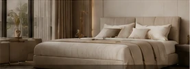 Warm ivory upholstered bed in a luxury bedroom