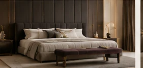 Luxury bedroom concept with a tailored bed and bench