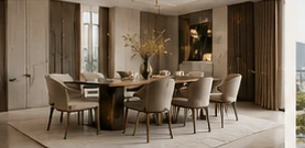 Marble dining table and upholstered chair concept