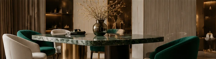 Green marble dining table with emerald and ivory chairs in a warm luxury interior