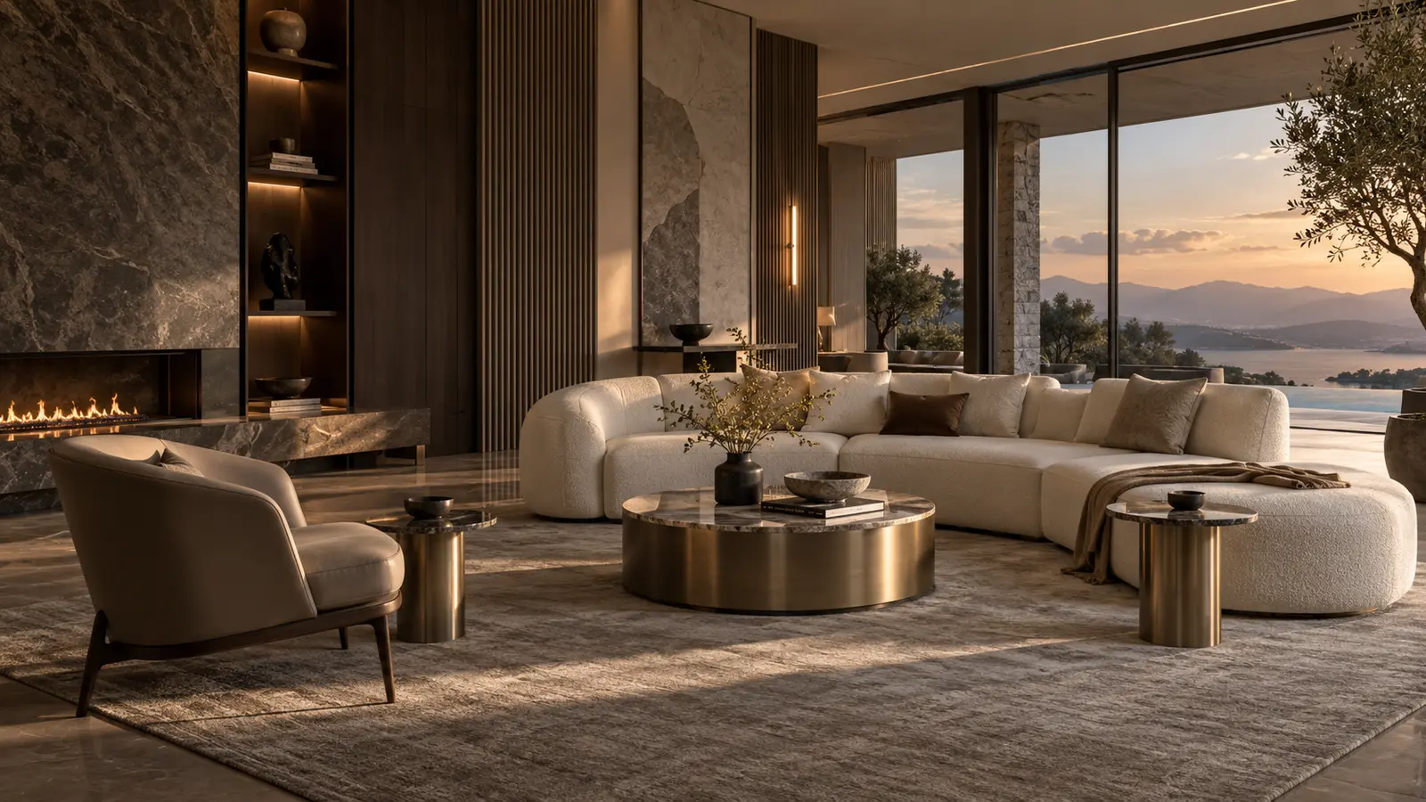 Luxury villa living room with custom curved sofa, lounge chair and stone tables