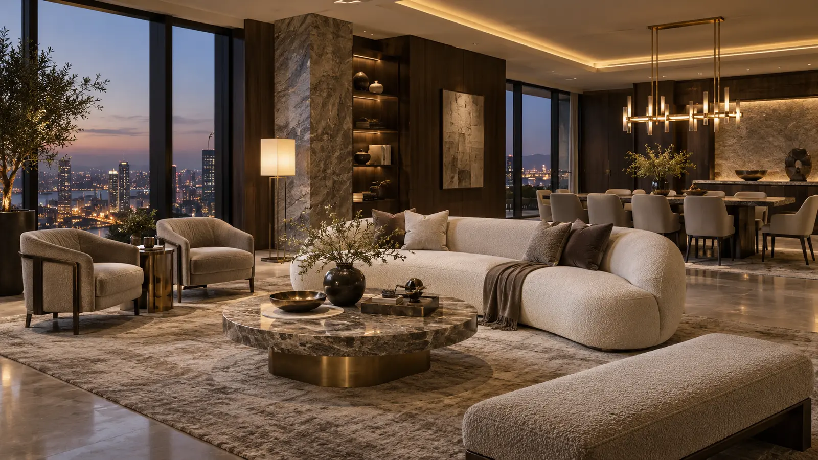 Luxury penthouse with coordinated custom living and dining furniture