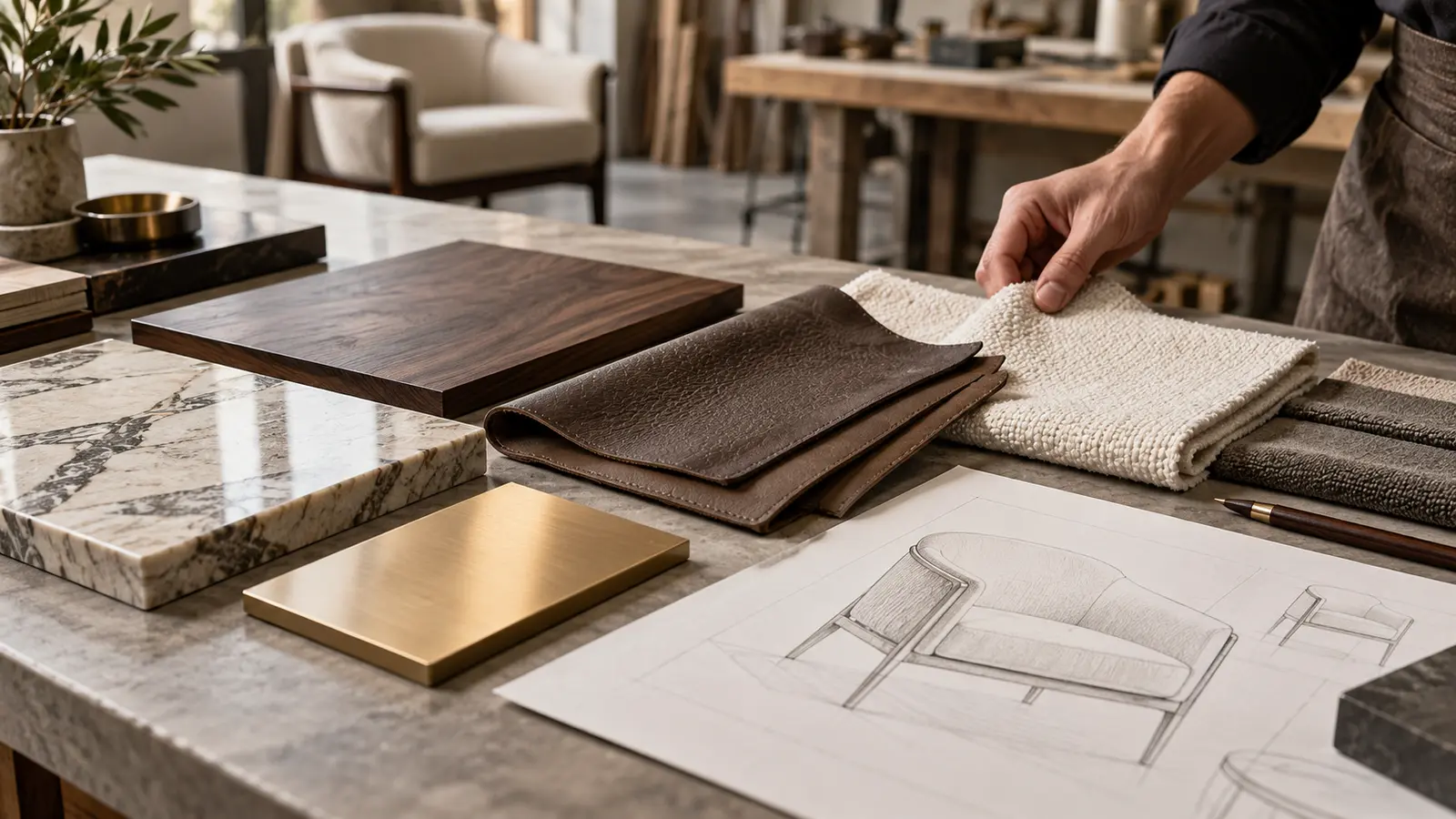 Luxury furniture material specification with leather, fabric, walnut, stone and champagne metal